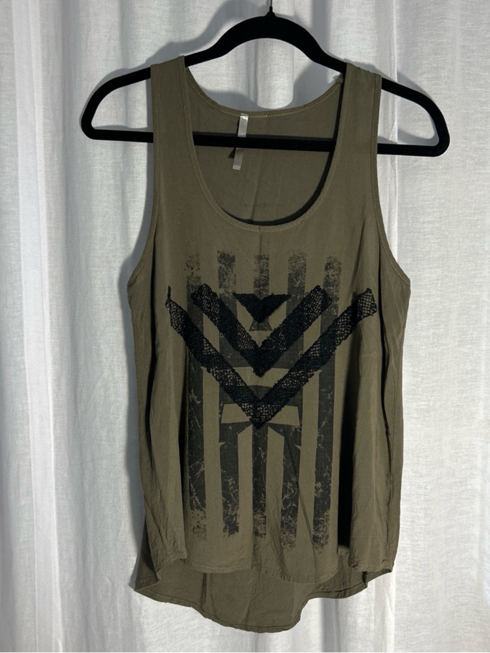 Olive Green Graphic Tank Top with Chevron Print